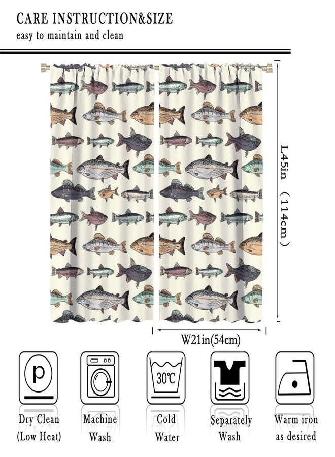 Kurtect Fish Blackout Curtain Retro Animal Drawing Fishing Window Curtain Cartoon Lake Fish Drapes Pocket Curtain Bedroom Living Room Cafe Kitchen Dining Room 2 Panels 42x45 in - Image 2